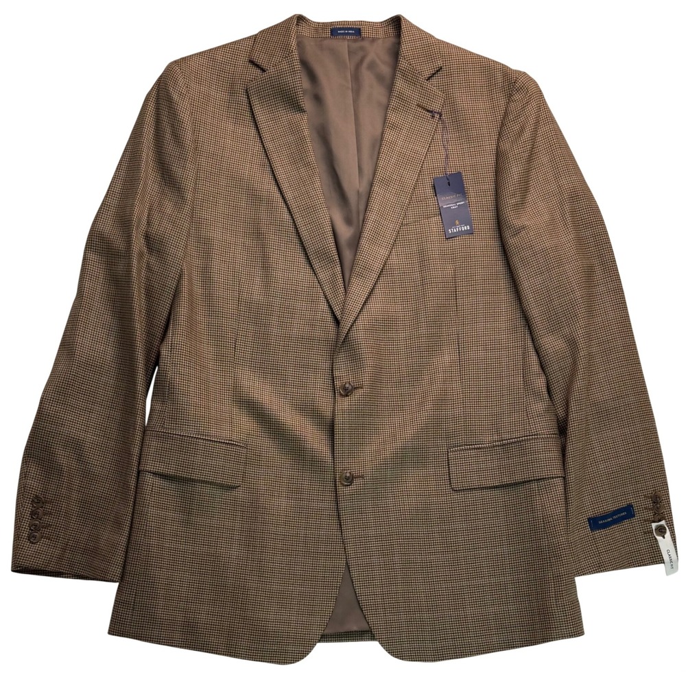 Stafford Mens 46L Sport Coat Brown Blue Mini Houndstooth Wool Silk Blend NWT